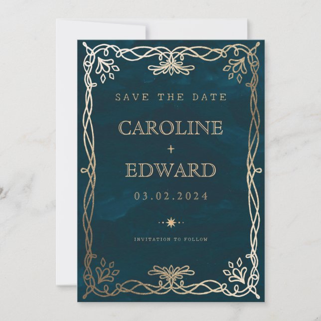 Indigo Mediaeval Gold Ivy Wedding  Save The Date (Front)