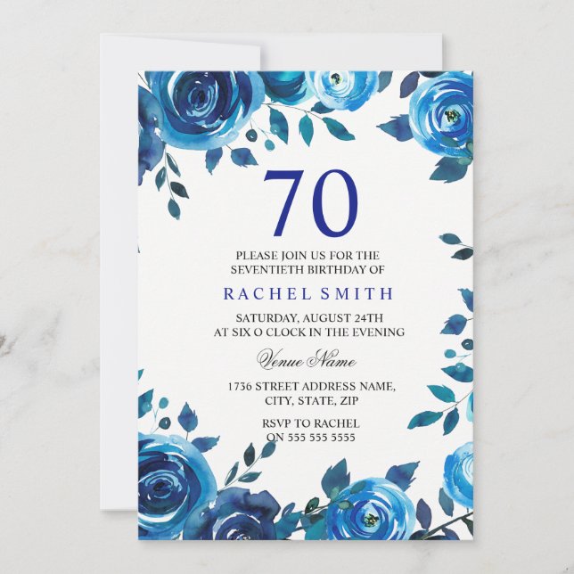 Indigo Midnight Blue Floral 70th Birthday Invite (Front)