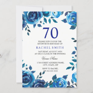 Indigo Midnight Blue Floral 70th Birthday Invite
