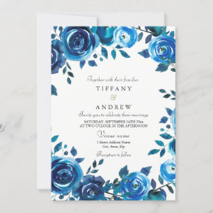 Indigo Midnight Blue Floral Wreath Wedding Invite