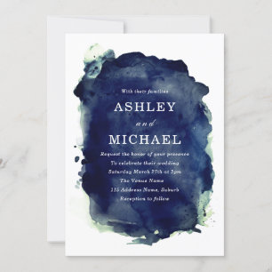 Indigo Midnight Blue Paint Splash & White Wedding Invitation
