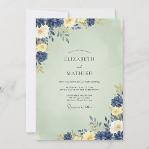 Indigo Mint Ranunculus Eucalyptus Wedding Invitation