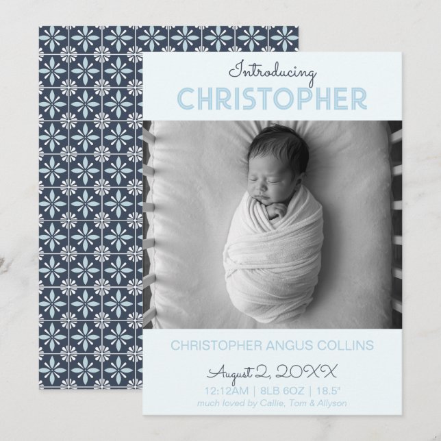 Indigo Modern Tile Birth Announcement Card (Front/Back)