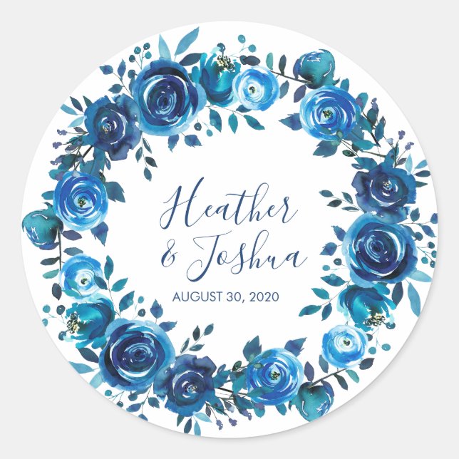 Indigo Mood Floral Wedding Classic Round Sticker (Front)