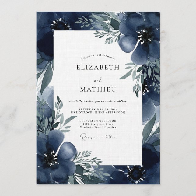 Indigo Moody Bloom Wedding Invitation (Front)