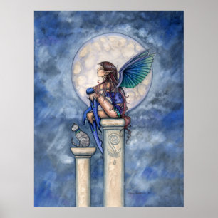 Indigo Moon Fairy and Cat Poster Print