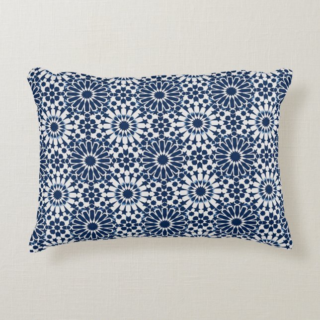 Indigo Moroccan Geometric Star Mosaic Pattern Decorative Cushion (Front)