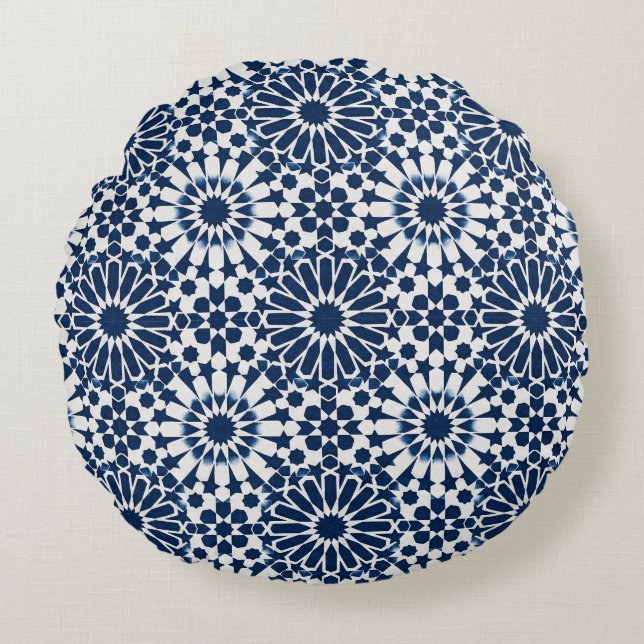 Indigo Moroccan Geometric Star Mosaic Pattern Round Cushion (Front)