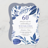 Indigo Navy Blue Leaf Floral 60th Birthday Invite