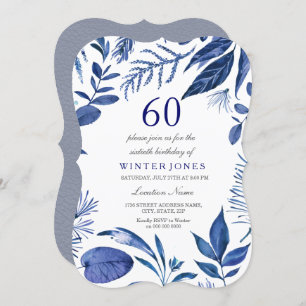 Indigo Navy Blue Leaf Floral 60th Birthday Invite