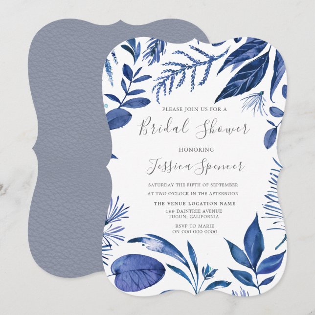 Indigo Navy Blue Leaf Floral Bridal Shower Invite (Front/Back)