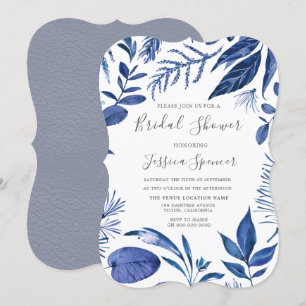 Indigo Navy Blue Leaf Floral Bridal Shower Invite
