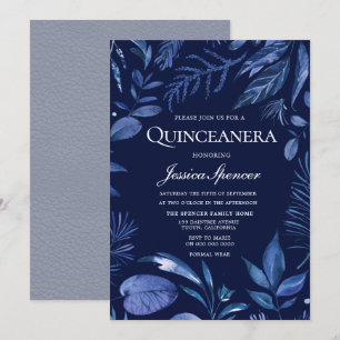 Indigo & Navy Blue Leaf Floral Quinceanera Invite
