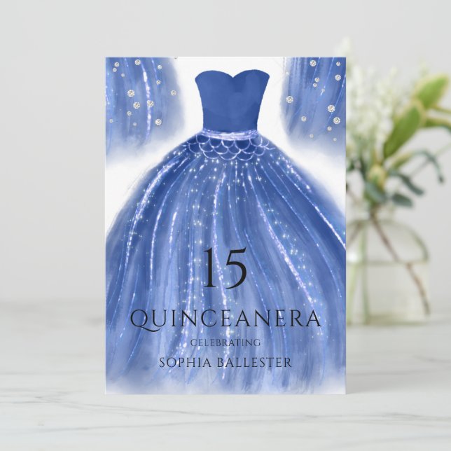 Indigo Navy Blue Mermaid Dress Quinceanera Invitation (Standing Front)