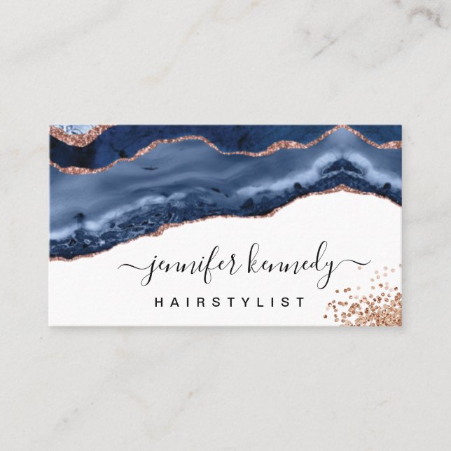 Indigo Navy Blue Rose Gold Glitter Agate Marble Business Card (Front)