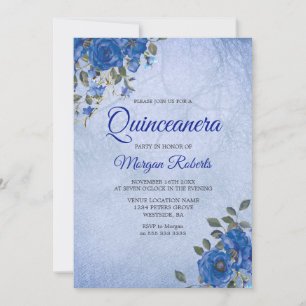 Indigo Navy Flowers Blue Watercolor Quinceanera Invitation