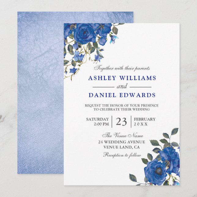 Indigo Navy Midnight Blue Floral Wedding Invitation (Front/Back)