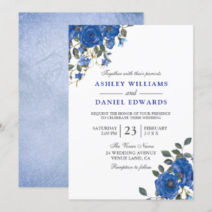 Indigo Navy Midnight Blue Floral Wedding Invitation