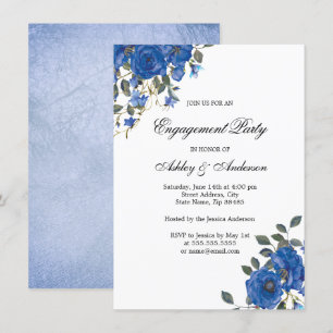 Indigo Navy Midnight Blue Flowers Engagement Party Invitation