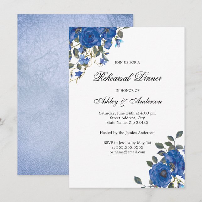Indigo Navy Midnight Blue Flowers Rehearsal Dinner Invitation (Front/Back)