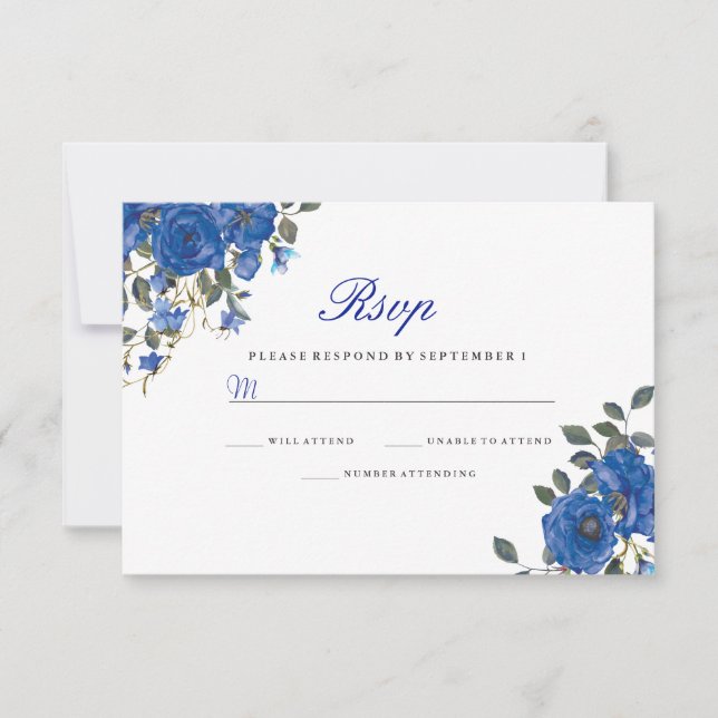 Indigo Navy Midnight Blue Flowers Wedding RSVP (Front)