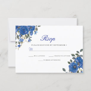 Indigo Navy Midnight Blue Flowers Wedding RSVP Card