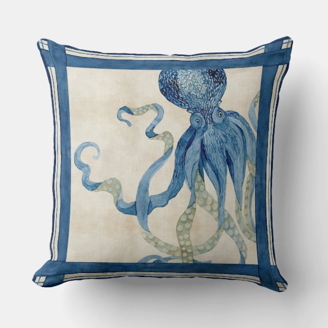 Indigo Ocean Beach Sketchbook Watercolor Octopus Cushion (Front)
