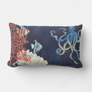 Indigo Ocean Beach Tropical Fish Watercolor Coral Lumbar Cushion