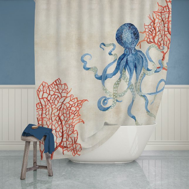 Indigo Ocean Parchment Red Fan Coral Blue Octopus Shower Curtain (Creator Uploaded)