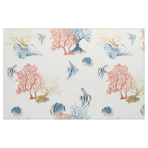 Indigo Ocean Red Fan Coral Tropical Fish Shells Fabric