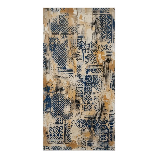 Indigo Ochre Distressed Pattern Wall Art Poster (Front)