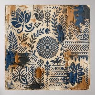 Indigo Ochre Folk Pattern Poster