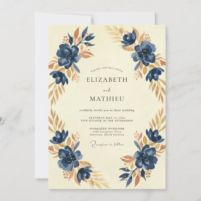 Indigo Ochre Painted Wedding Invitation (Front)
