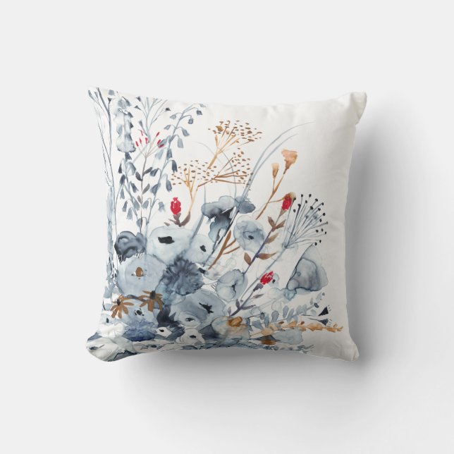 Indigo & Ochre - Watercolor Flowers Cushion (Front)