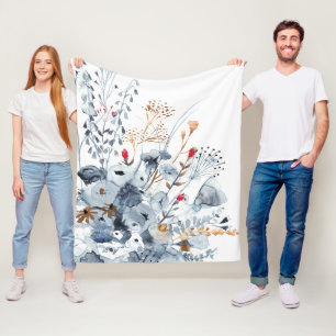 Indigo & Ochre - Watercolor Flowers Fleece Blanket