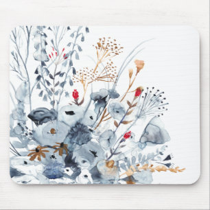 Indigo & Ochre - Watercolor Flowers Mouse Mat