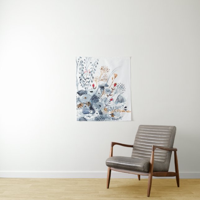 Indigo & Ochre - Watercolor Flowers Tapestry (In Situ)