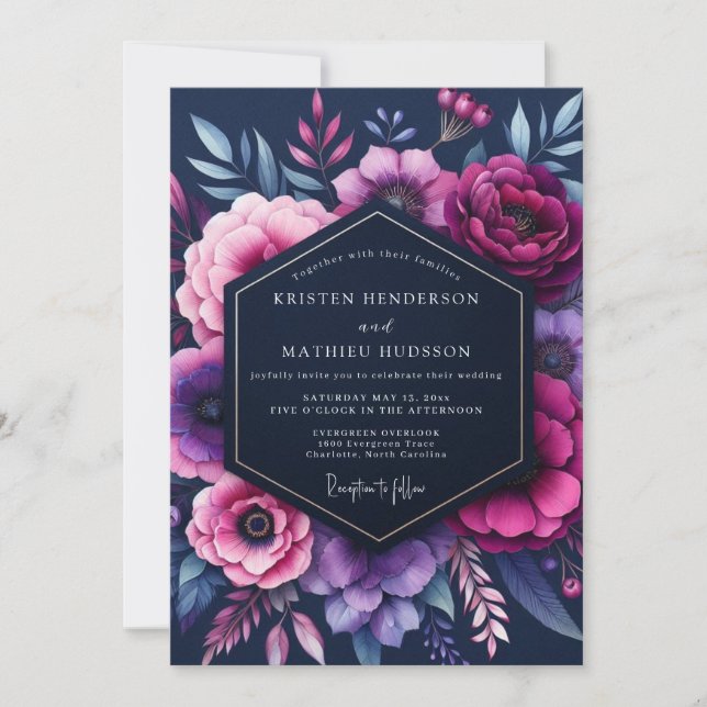 Indigo Opulent Bloom Wedding Invitation (Front)