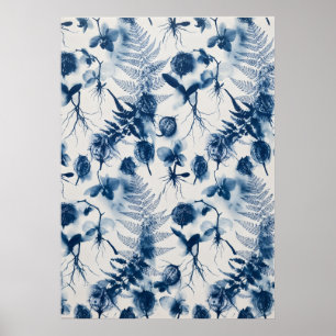 Indigo Orchid Roots Fern Seed Pod Pattern Poster