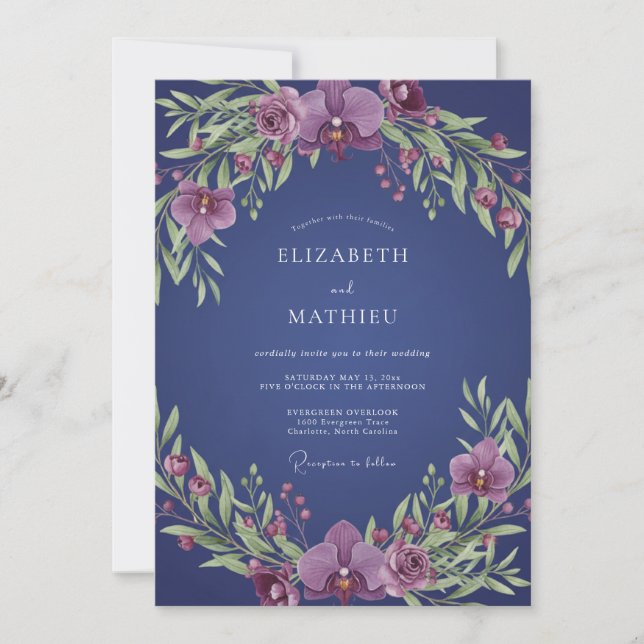 Indigo Orchid Wreath Wedding Invitation (Front)