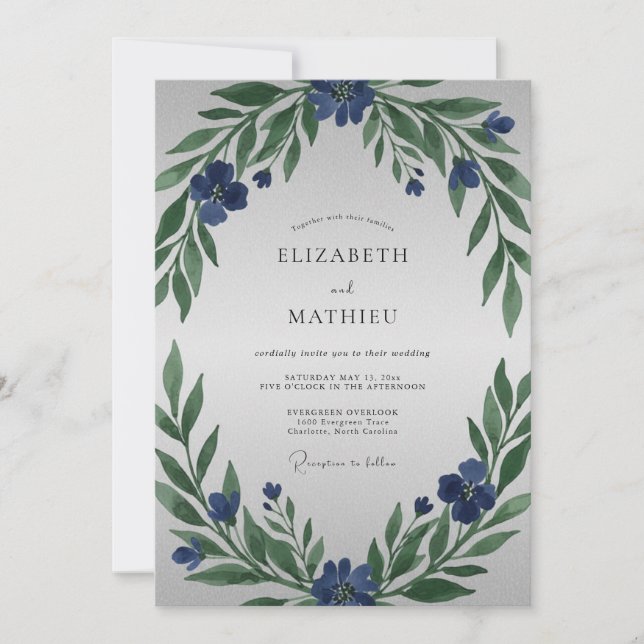 Indigo Painted Foliage Wedding Invitation (Front)