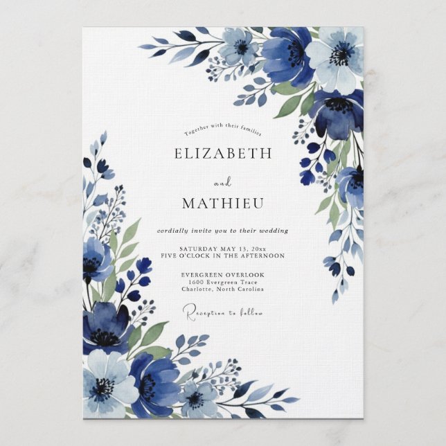 Indigo Painterly Floral Wedding Invitation (Front)