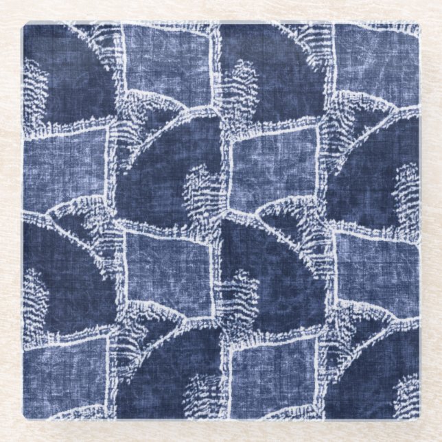 Indigo Patchwork: Textured Checked Elegance Glass Coaster (Front)