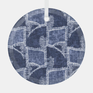 Indigo Patchwork: Textured Checked Elegance Glass Tree Decoration