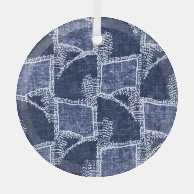Indigo Patchwork: Textured Checked Elegance Glass Tree Decoration (Front)