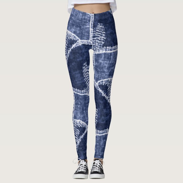 Indigo Patchwork: Textured Checked Elegance Leggings (Front)