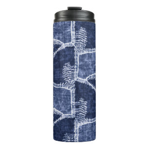 Indigo Patchwork: Textured Checked Elegance Thermal Tumbler