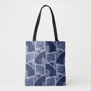 Indigo Patchwork: Textured Checked Elegance Tote Bag