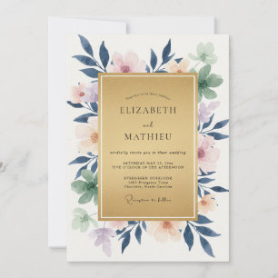Indigo Peach Foliage Eucalyptus Wedding Invitation