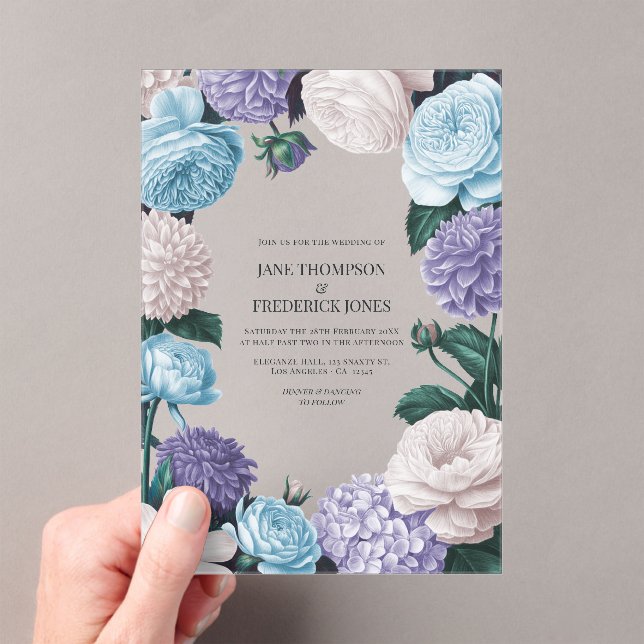 Indigo Petal, Blue Hydrangea & Frost Pearl Wedding Acrylic Invitations (Insitu (Handheld))